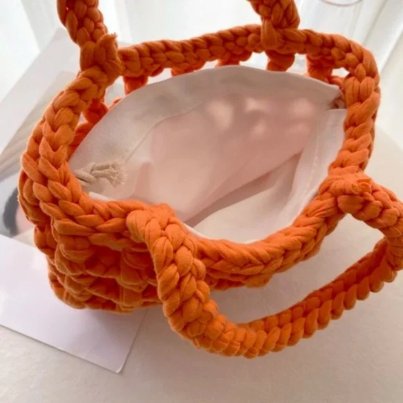 Orange Minimalist Crochet Square Bag for Vacation A01 - Picture 6 of 8